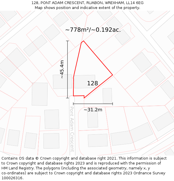 128, PONT ADAM CRESCENT, RUABON, WREXHAM, LL14 6EG: Plot and title map