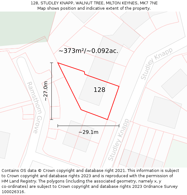 128, STUDLEY KNAPP, WALNUT TREE, MILTON KEYNES, MK7 7NE: Plot and title map