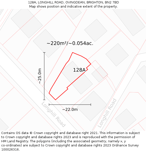 128A, LONGHILL ROAD, OVINGDEAN, BRIGHTON, BN2 7BD: Plot and title map