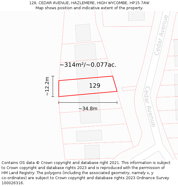 129, CEDAR AVENUE, HAZLEMERE, HIGH WYCOMBE, HP15 7AW: Plot and title map