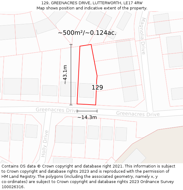 129, GREENACRES DRIVE, LUTTERWORTH, LE17 4RW: Plot and title map