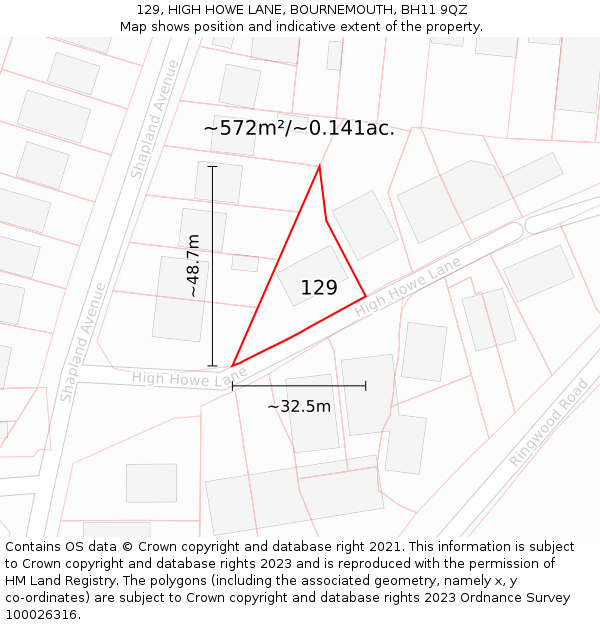 129, HIGH HOWE LANE, BOURNEMOUTH, BH11 9QZ: Plot and title map