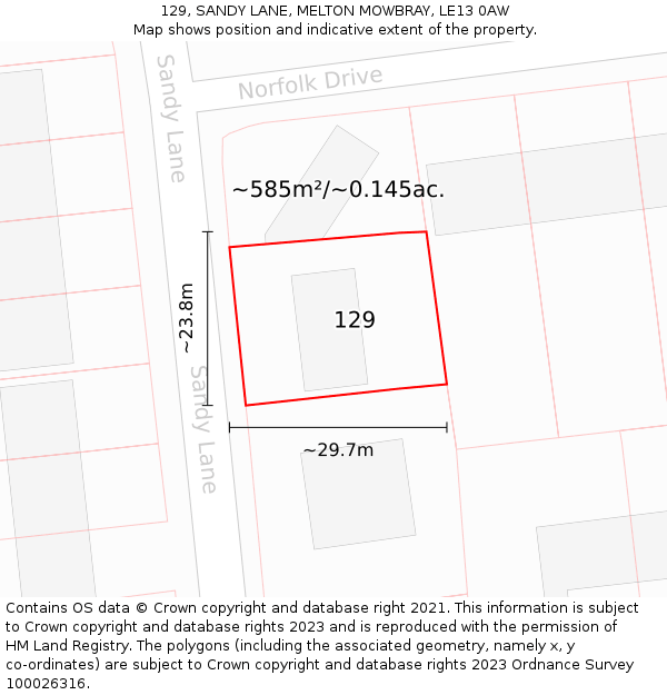 129, SANDY LANE, MELTON MOWBRAY, LE13 0AW: Plot and title map