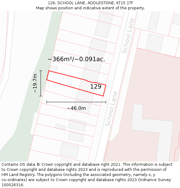 129, SCHOOL LANE, ADDLESTONE, KT15 1TF: Plot and title map