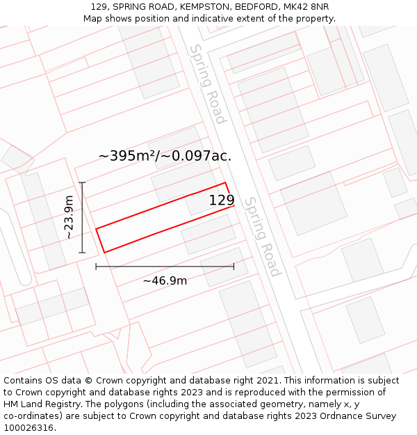 129, SPRING ROAD, KEMPSTON, BEDFORD, MK42 8NR: Plot and title map