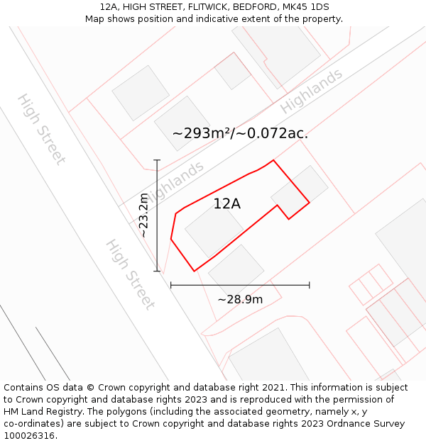 12A, HIGH STREET, FLITWICK, BEDFORD, MK45 1DS: Plot and title map