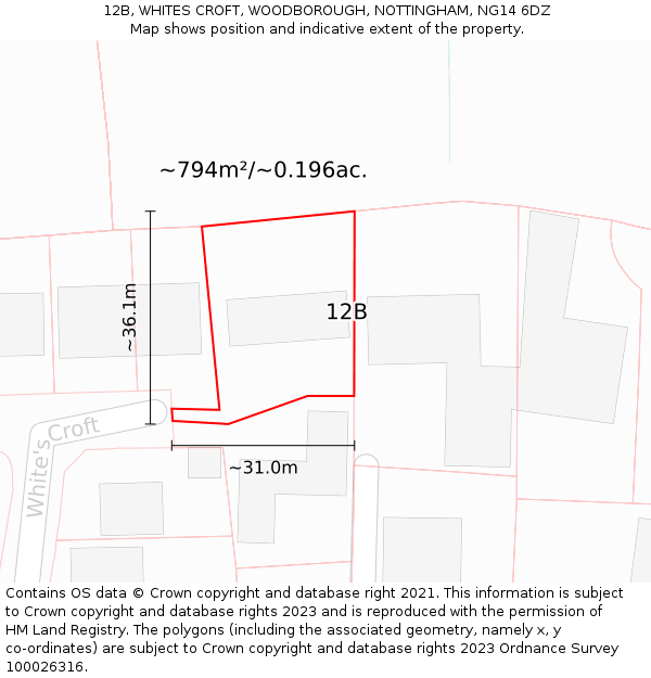 12B, WHITES CROFT, WOODBOROUGH, NOTTINGHAM, NG14 6DZ: Plot and title map