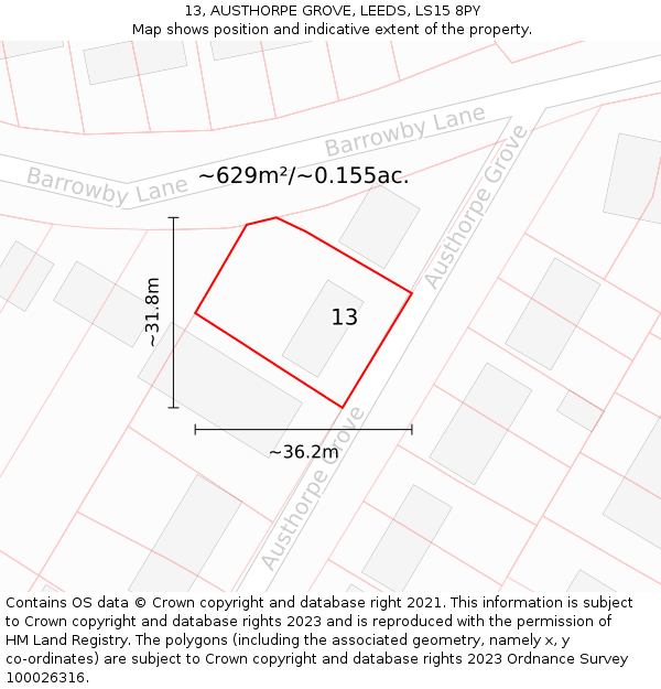 13, AUSTHORPE GROVE, LEEDS, LS15 8PY: Plot and title map