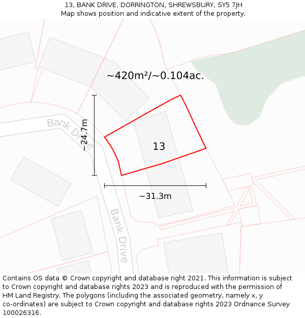 13, BANK DRIVE, DORRINGTON, SHREWSBURY, SY5 7JH: Plot and title map