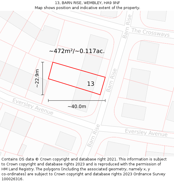 13, BARN RISE, WEMBLEY, HA9 9NF: Plot and title map