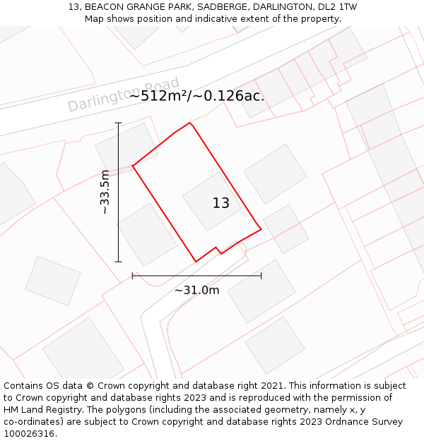 13, BEACON GRANGE PARK, SADBERGE, DARLINGTON, DL2 1TW: Plot and title map