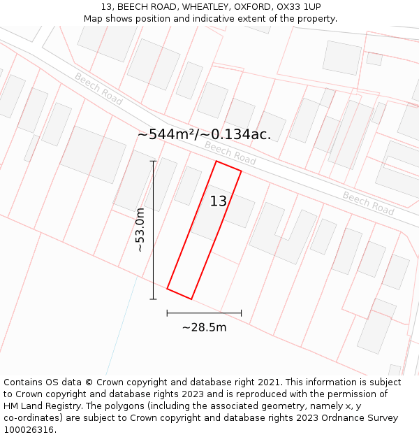 13, BEECH ROAD, WHEATLEY, OXFORD, OX33 1UP: Plot and title map