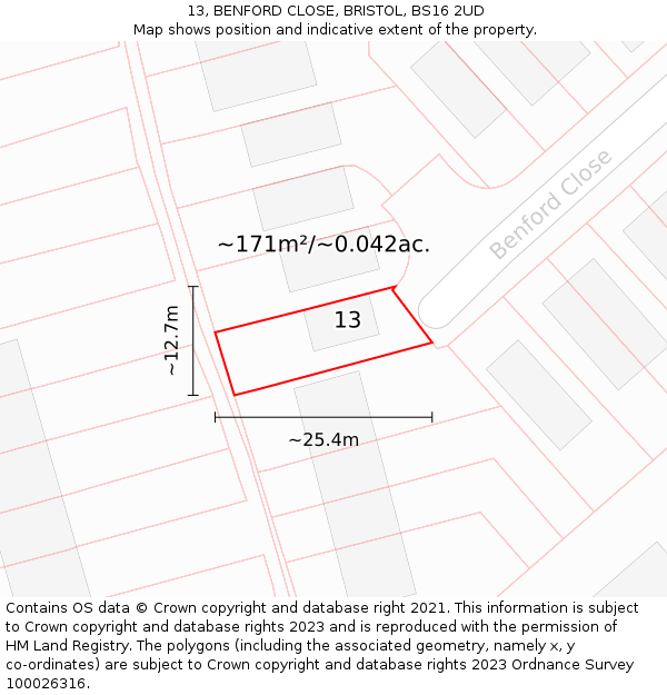 13, BENFORD CLOSE, BRISTOL, BS16 2UD: Plot and title map