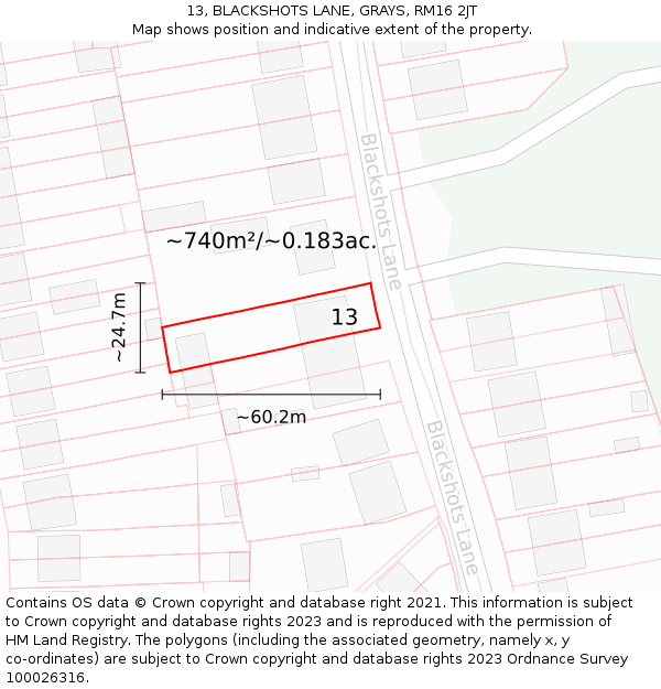 13, BLACKSHOTS LANE, GRAYS, RM16 2JT: Plot and title map