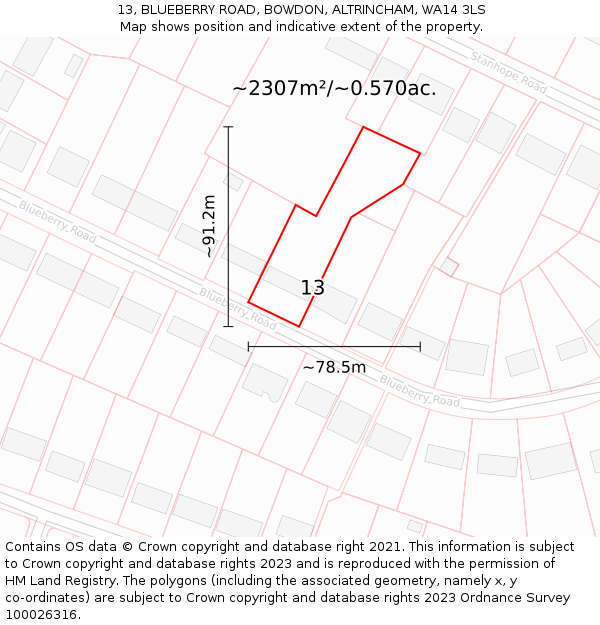 13, BLUEBERRY ROAD, BOWDON, ALTRINCHAM, WA14 3LS: Plot and title map