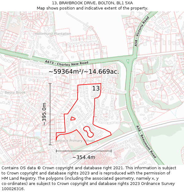 13, BRAYBROOK DRIVE, BOLTON, BL1 5XA: Plot and title map