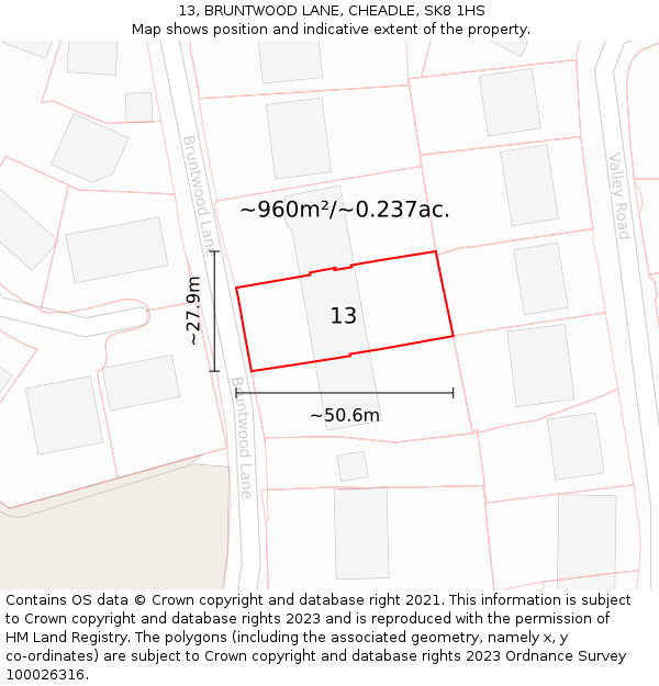 13, BRUNTWOOD LANE, CHEADLE, SK8 1HS: Plot and title map