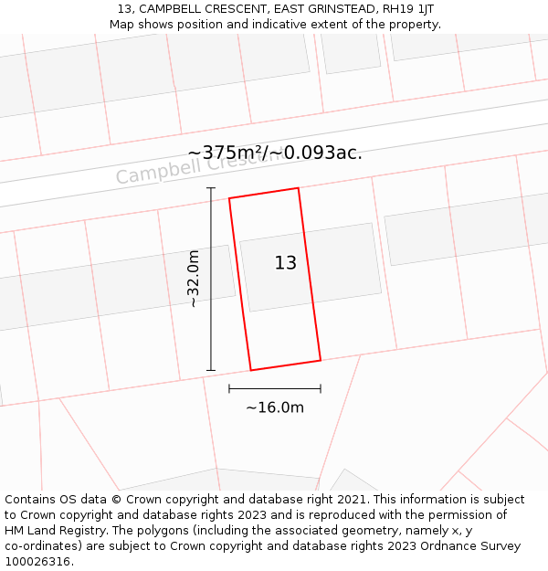 13, CAMPBELL CRESCENT, EAST GRINSTEAD, RH19 1JT: Plot and title map