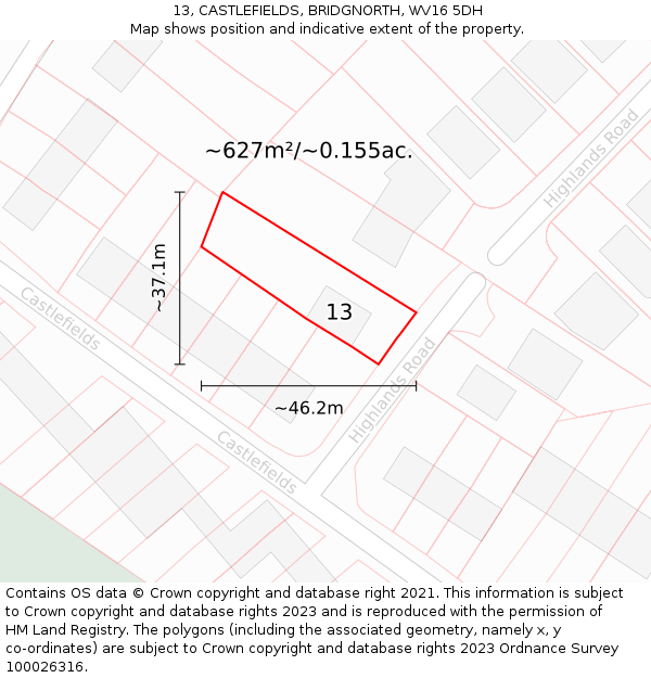 13, CASTLEFIELDS, BRIDGNORTH, WV16 5DH: Plot and title map