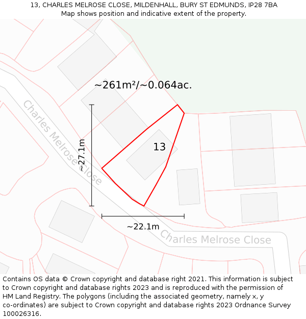 13, CHARLES MELROSE CLOSE, MILDENHALL, BURY ST EDMUNDS, IP28 7BA: Plot and title map