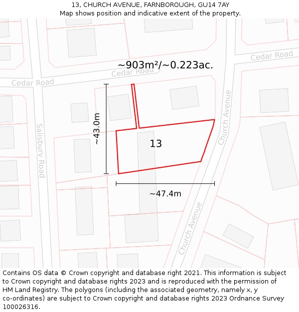 13, CHURCH AVENUE, FARNBOROUGH, GU14 7AY: Plot and title map