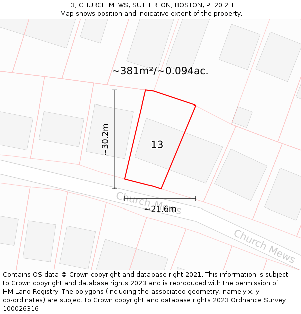 13, CHURCH MEWS, SUTTERTON, BOSTON, PE20 2LE: Plot and title map