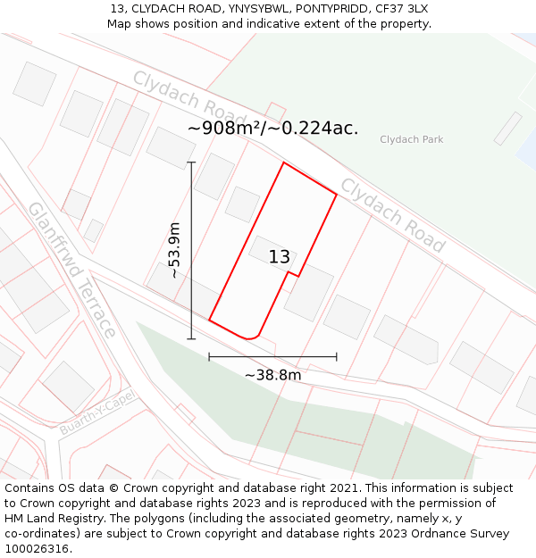 13, CLYDACH ROAD, YNYSYBWL, PONTYPRIDD, CF37 3LX: Plot and title map