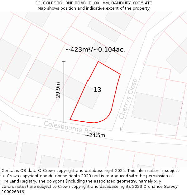 13, COLESBOURNE ROAD, BLOXHAM, BANBURY, OX15 4TB: Plot and title map