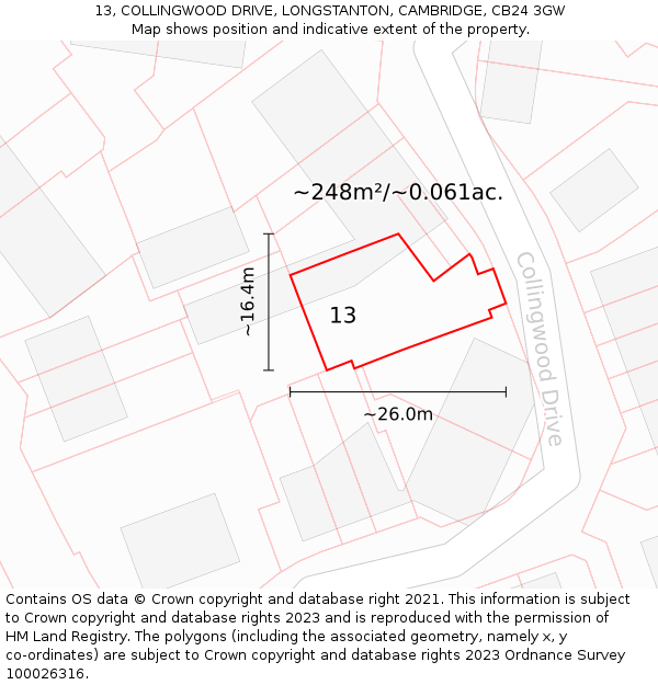 13, COLLINGWOOD DRIVE, LONGSTANTON, CAMBRIDGE, CB24 3GW: Plot and title map