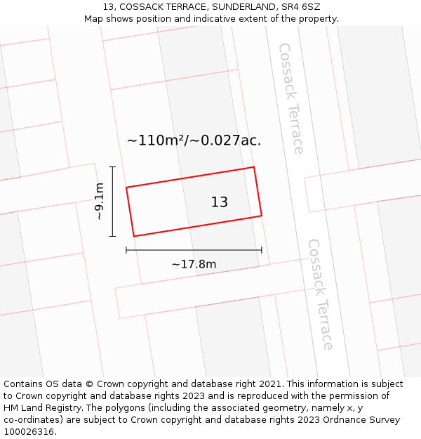 13, COSSACK TERRACE, SUNDERLAND, SR4 6SZ: Plot and title map