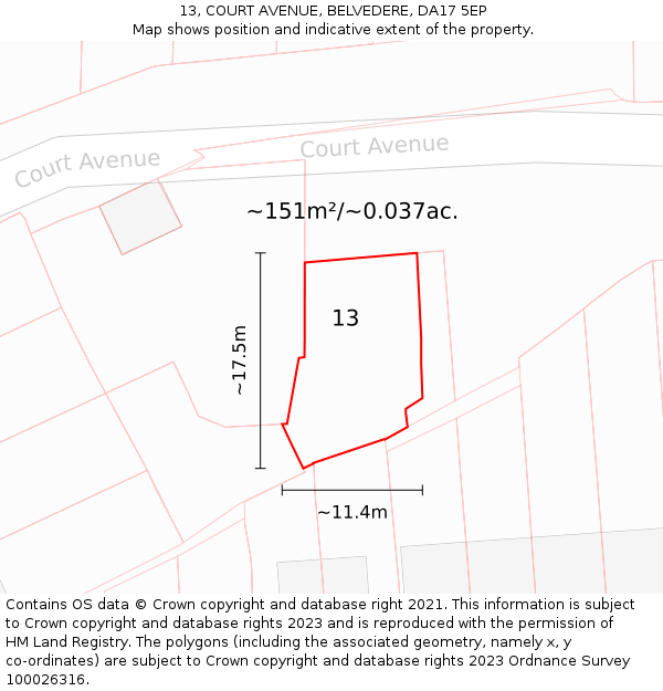 13, COURT AVENUE, BELVEDERE, DA17 5EP: Plot and title map