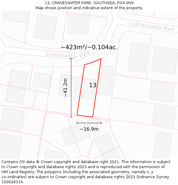 13, CRANESWATER PARK, SOUTHSEA, PO4 0NX: Plot and title map