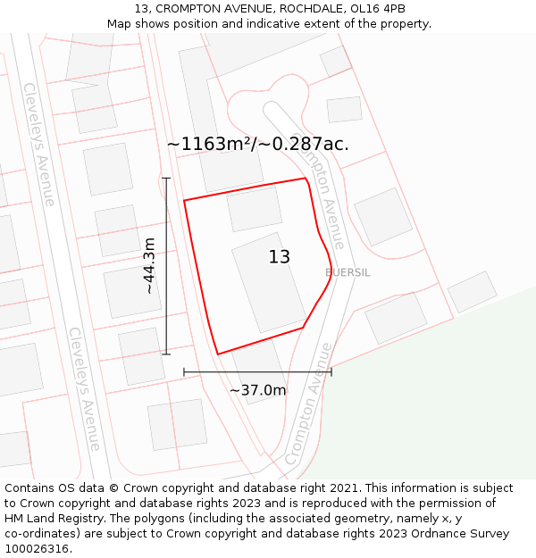 13, CROMPTON AVENUE, ROCHDALE, OL16 4PB: Plot and title map