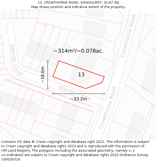 13, CROWTHORNE ROAD, SANDHURST, GU47 9EJ: Plot and title map