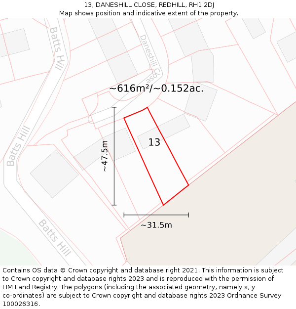 13, DANESHILL CLOSE, REDHILL, RH1 2DJ: Plot and title map