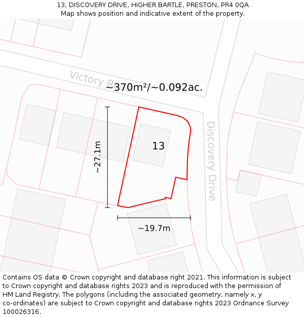 13, DISCOVERY DRIVE, HIGHER BARTLE, PRESTON, PR4 0QA: Plot and title map