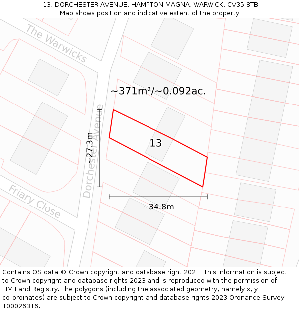 13, DORCHESTER AVENUE, HAMPTON MAGNA, WARWICK, CV35 8TB: Plot and title map