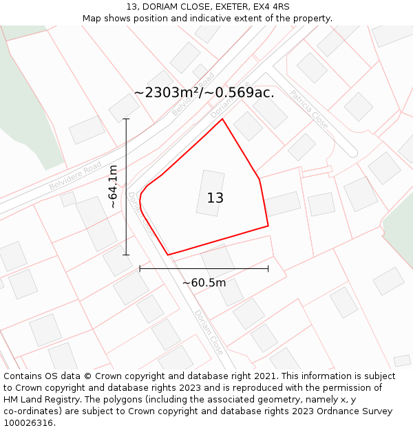 13, DORIAM CLOSE, EXETER, EX4 4RS: Plot and title map