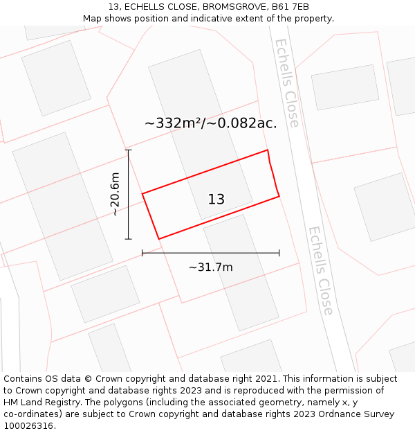 13, ECHELLS CLOSE, BROMSGROVE, B61 7EB: Plot and title map