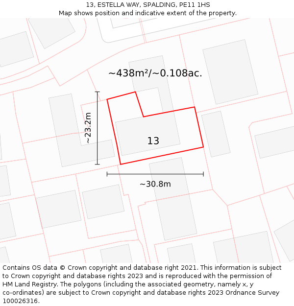 13, ESTELLA WAY, SPALDING, PE11 1HS: Plot and title map