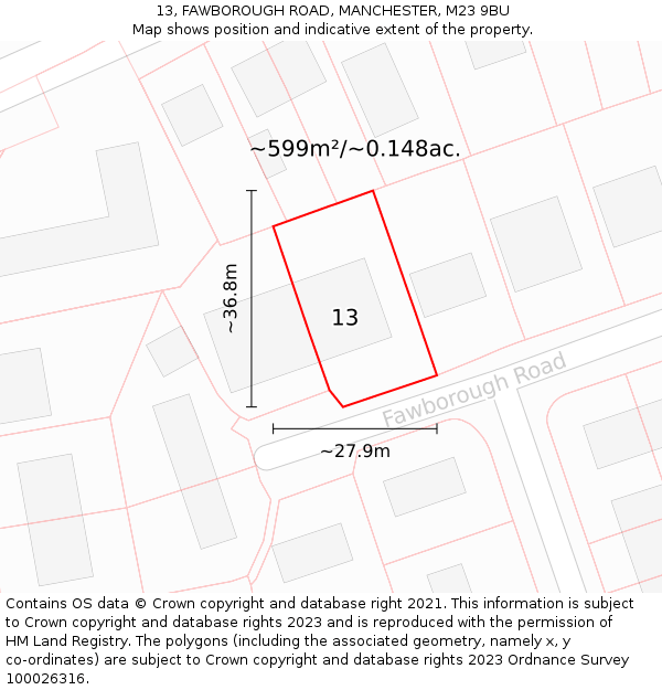 13, FAWBOROUGH ROAD, MANCHESTER, M23 9BU: Plot and title map