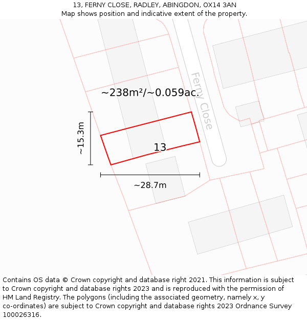 13, FERNY CLOSE, RADLEY, ABINGDON, OX14 3AN: Plot and title map