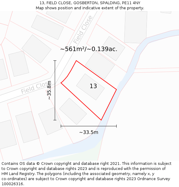13, FIELD CLOSE, GOSBERTON, SPALDING, PE11 4NY: Plot and title map