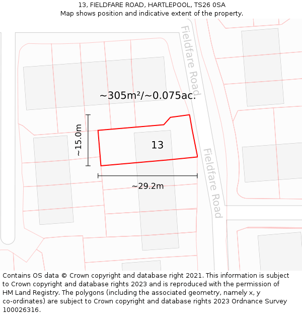 13, FIELDFARE ROAD, HARTLEPOOL, TS26 0SA: Plot and title map