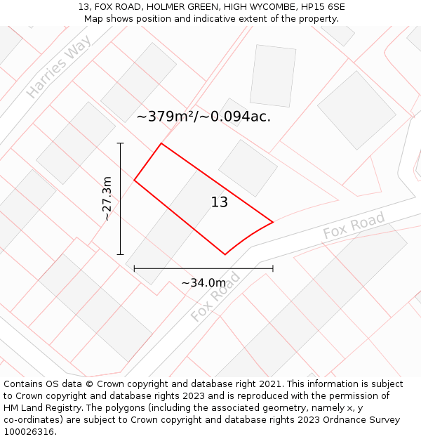 13, FOX ROAD, HOLMER GREEN, HIGH WYCOMBE, HP15 6SE: Plot and title map