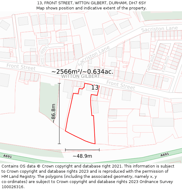 13, FRONT STREET, WITTON GILBERT, DURHAM, DH7 6SY: Plot and title map