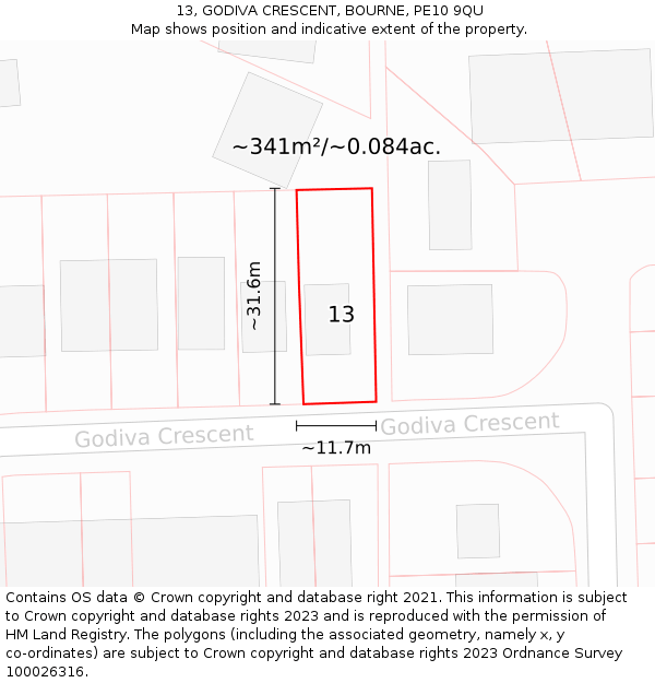 13, GODIVA CRESCENT, BOURNE, PE10 9QU: Plot and title map