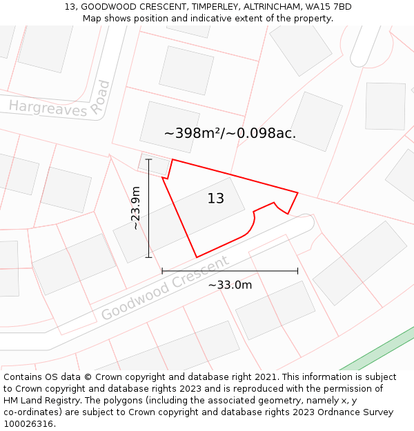 13, GOODWOOD CRESCENT, TIMPERLEY, ALTRINCHAM, WA15 7BD: Plot and title map