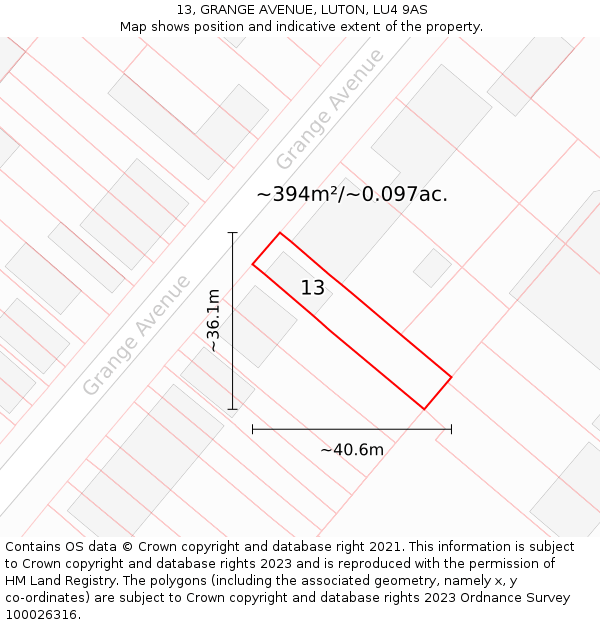 13, GRANGE AVENUE, LUTON, LU4 9AS: Plot and title map