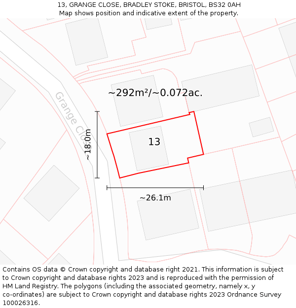 13, GRANGE CLOSE, BRADLEY STOKE, BRISTOL, BS32 0AH: Plot and title map